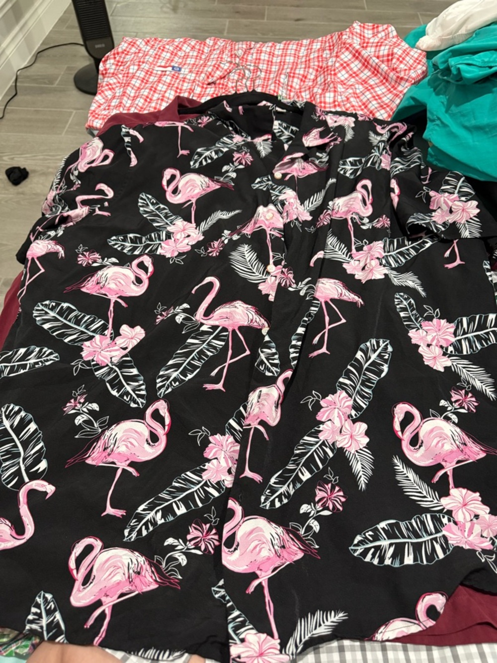Casual Button-Down Shirt - Black with Pink Flamingo Print
